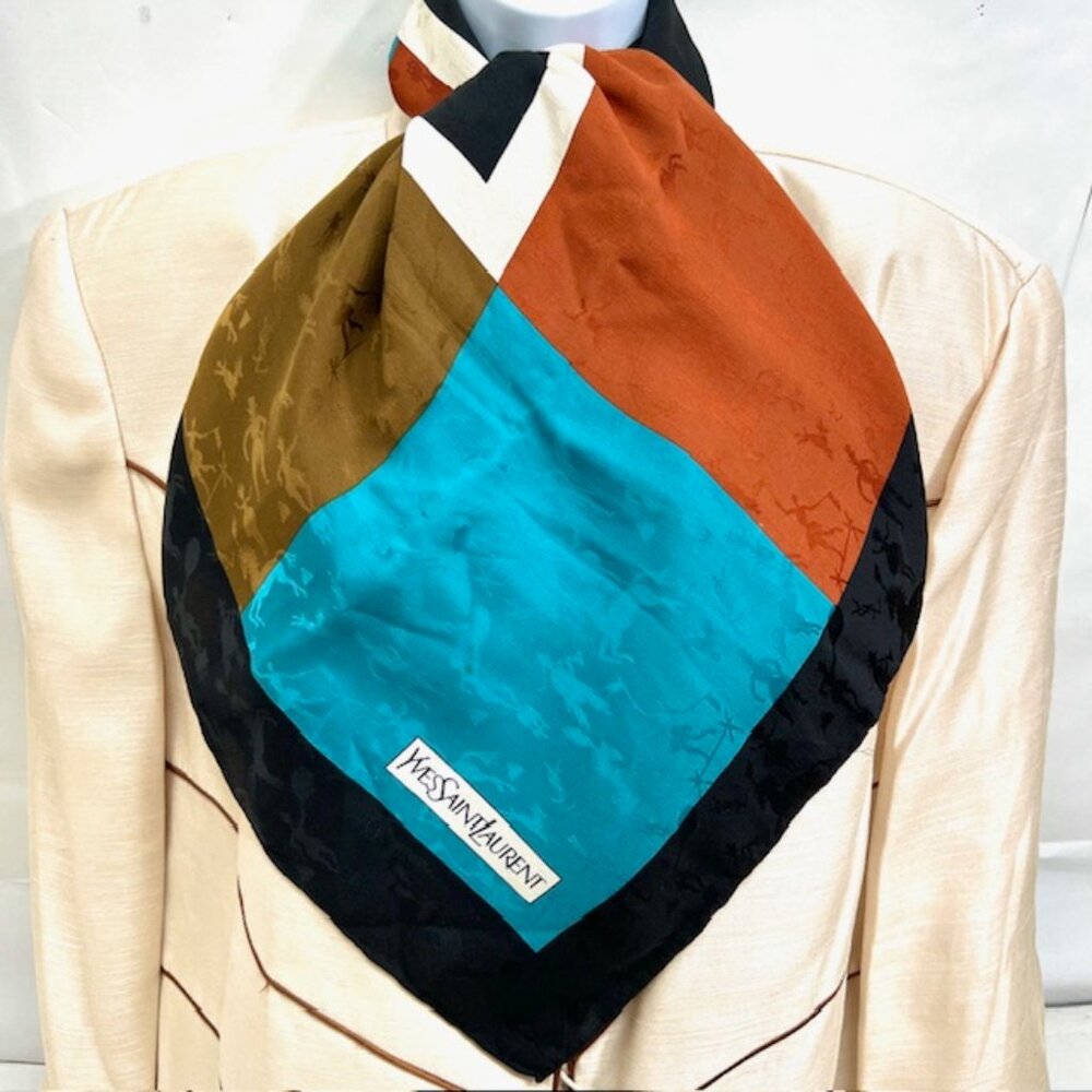 Yves Saint Laurent YSL 100% Silk Satin Scarf 34" Color Block BlackBrown Blue (76